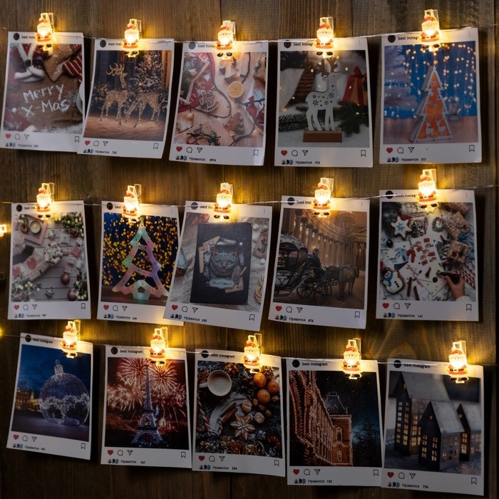 Гирлянда «Нить» 2 м роса с насадками «Прищепки с Дедом Морозом», IP20, серебристая нить, 20 LED, батарейки ААх2 (нет в комплекте), свечение тёплое белое Гирлянда «Нить» 2 м роса с насадками «Прищепки с Дедом Морозом», IP20, серебристая нить, 20 LED, батарейки ААх2 (нет в комплекте), свечение тёплое белое