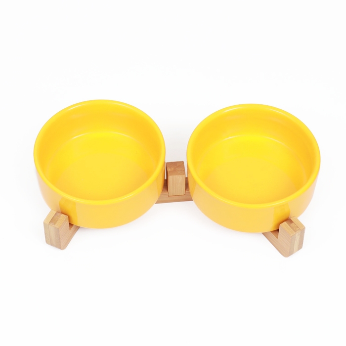 Миски керамические двойные на подставке 2 х 450 мл  28,5 х 15,5 х 7 см, жёлтая Миски керамические двойные на подставке 2 х 450 мл  28,5 х 15,5 х 7 см, жёлтая