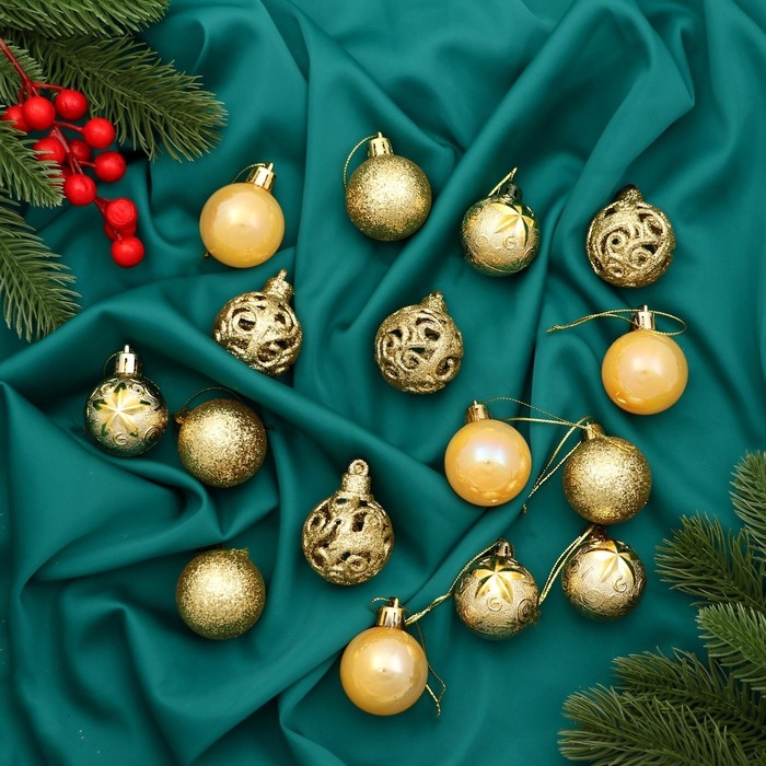 Набор шаров пластик d-4 см, 16 шт Набор шаров пластик d-4 см, 16 шт "Мелодия" орнамент, золото