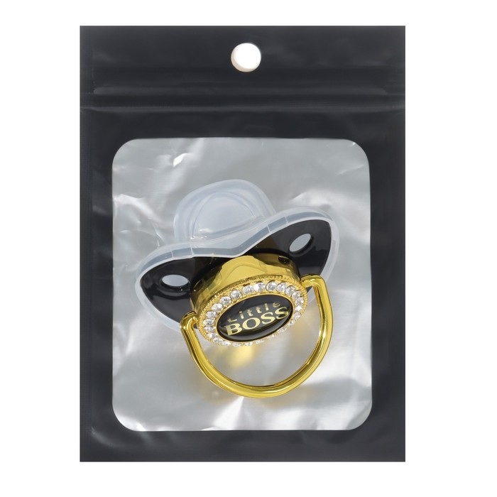 Соска - пустышка силиконовая ортодонтическая «Маленький БОСС», от 12 мес., с колпачком, цвет черный/золото, стразы Соска - пустышка силиконовая ортодонтическая «Маленький БОСС», от 12 мес., с колпачком, цвет черный/золото, стразы