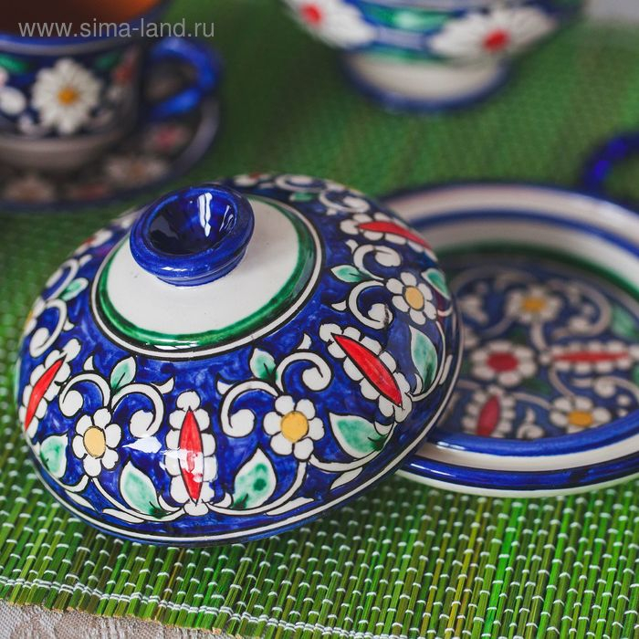 Масленка Риштанская Керамика Масленка Риштанская Керамика "Цветы", 13 см, синий