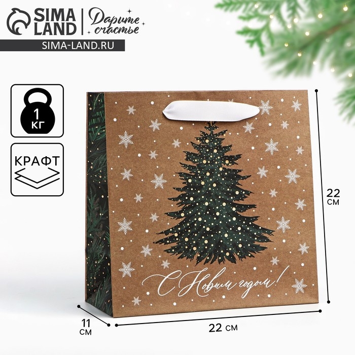 Пакет подарочный новогодний крафтовый квадратный «Новогодняя красавица», 22 х 22 х 11 см, Новый год Пакет подарочный новогодний крафтовый квадратный «Новогодняя красавица», 22 х 22 х 11 см, Новый год