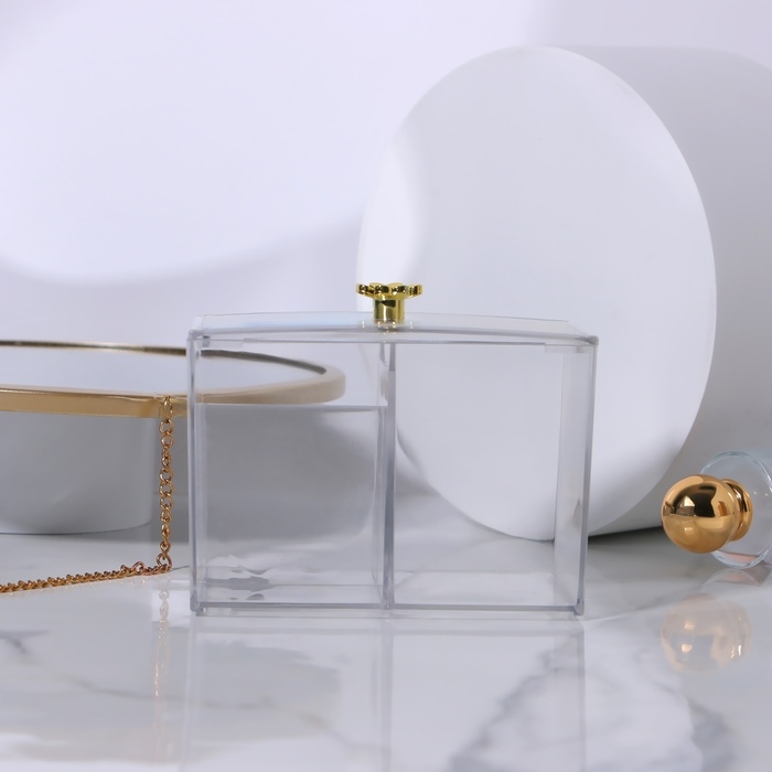 Органайзер для ватных палочек и дисков &laquo;FLOWER&raquo;, с крышкой, 3 секции, 14 &times; 9 &times; 10,5 см, цвет прозрачный/золотистый