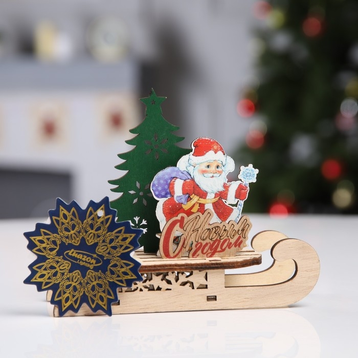 Светодиодная фигура «Сани с Дедом Морозом» 15.5 × 12 × 5.5 см, дерево, батарейки LR1130х3 (в комплекте), свечение тёплое белое