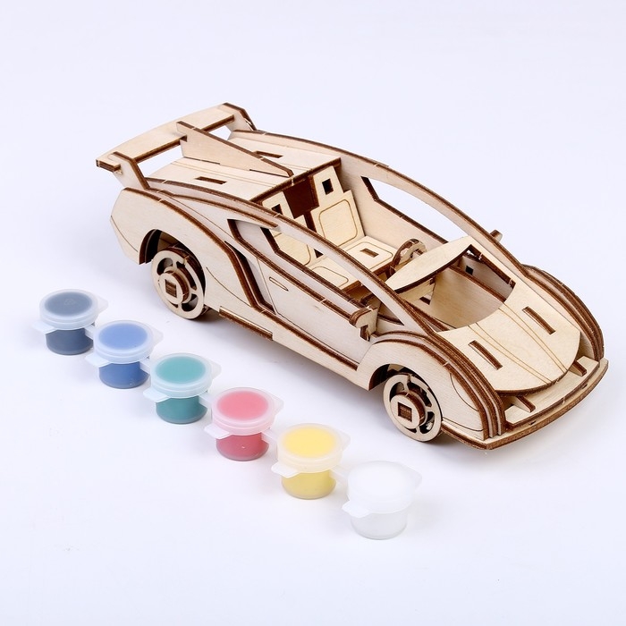 Конструктор из дерева «Спортивная машина», 19,1х8,1х5,8 см, в комплекте краски, кисточка и наждачная бумага Конструктор из дерева «Спортивная машина», 19,1х8,1х5,8 см, в комплекте краски, кисточка и наждачная бумага