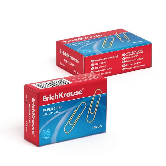 Скрепки канцелярские 28 мм, 100 штук, ErichKrause, омедненные, картонная упаковка Скрепки канцелярские 28 мм, 100 штук, ErichKrause, омедненные, картонная упаковка