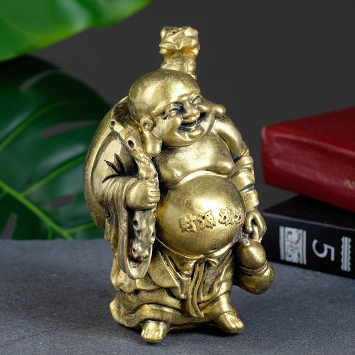 Фигура Фигура "Хотей с посохом за спиной" золото, 9х14х7см