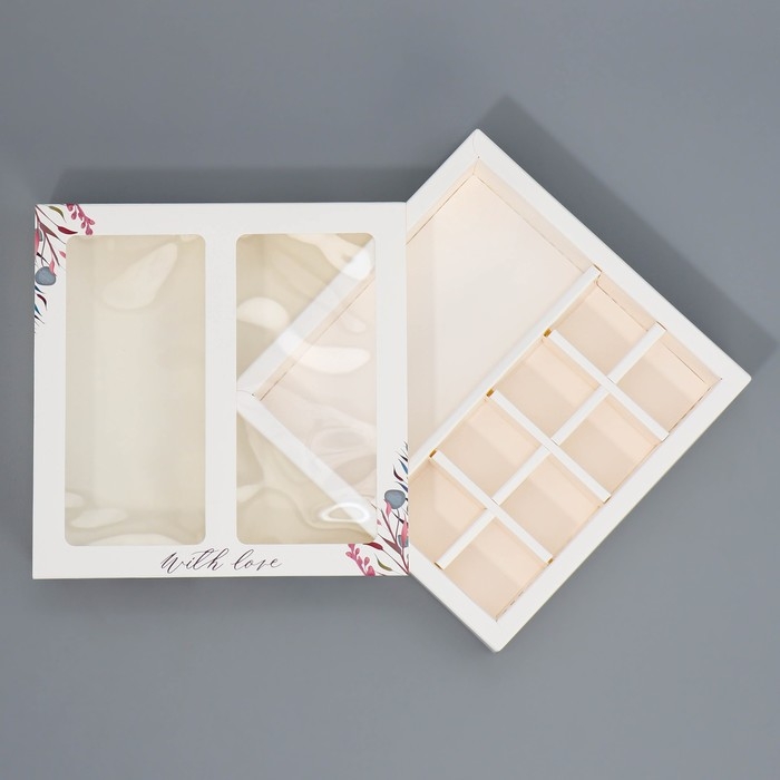 Коробка под 8 конфет и шоколад с ячейками, кондитерская упаковка, With Love 18 х 18 х 4 см Коробка под 8 конфет и шоколад с ячейками, кондитерская упаковка, With Love 18 х 18 х 4 см