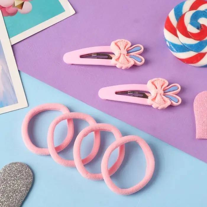 Набор для волос «Аврил», 4 резинки, 2 зажима, бантики ушки, 7×3 см, розовый