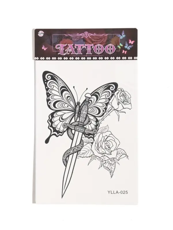 Татуировка на тело &laquo;Бабочка, розы и меч&raquo;, 12.5&times;20.7 см, чёрная