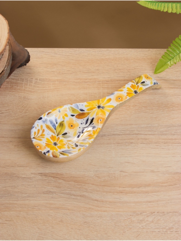 Подставка под ложку «Желтые и синие цветы», 25.5×9×3.8 см, дерево манго