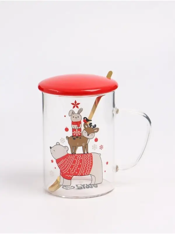 Кружка новогодняя с ложкой и крышкой &laquo;Зверята&raquo;, 470 мл