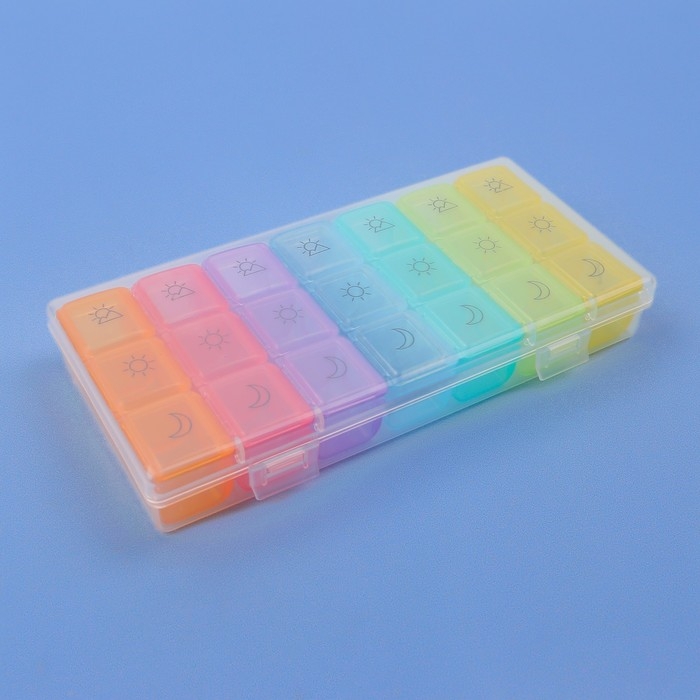 Таблетница - органайзер «Неделька», съёмные ячейки, утро/день/вечер, 17,4 × 8,2 × 2,5 см, 7 контейнеров по 3 секции, разноцветная Таблетница - органайзер «Неделька», съёмные ячейки, утро/день/вечер, 17,4 × 8,2 × 2,5 см, 7 контейнеров по 3 секции, разноцветная