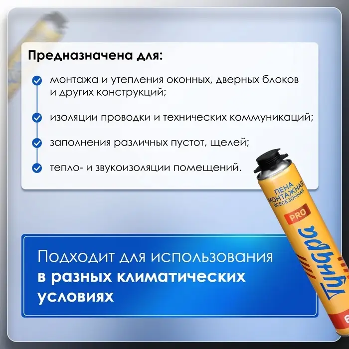 Пена монтажная ТУНДРА ПРОФИ, пистолетная, всесезонная, выход 65 л, 850 мл