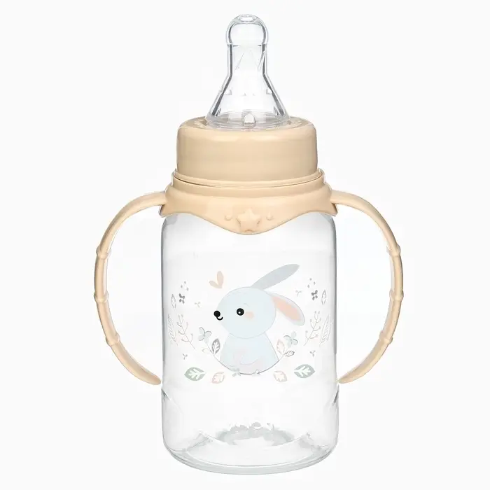 Бутылочка для кормления Крошка Я &laquo;Зайчик&raquo; от 0 мес., 150 мл, цилиндр, с ручками, бежевый