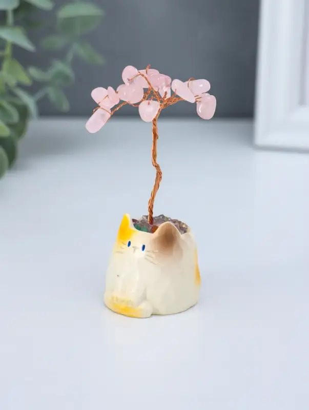 Сувенир "Котик-горшок и розовое дерево" 12 камней 3,8х3,5х7,5 см