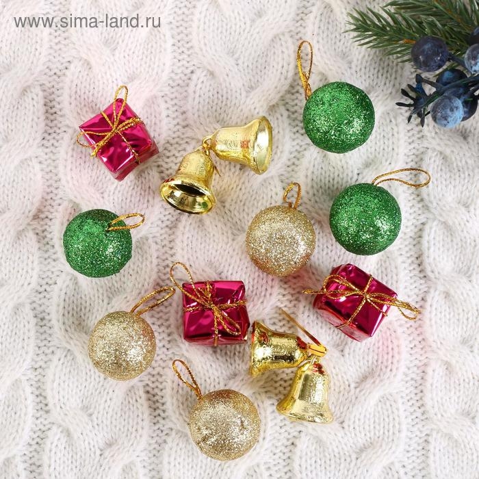 Набор украшений пластик 13 шт Набор украшений пластик 13 шт "Новогодний бум" (6 шаров, 4 колокольчика, 3 подарка) 3 см