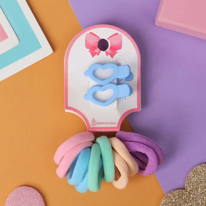 Набор для волос Набор для волос "Карамель" (10 резинок 3 см, 2 зажима 3 см) сердечность, голубой