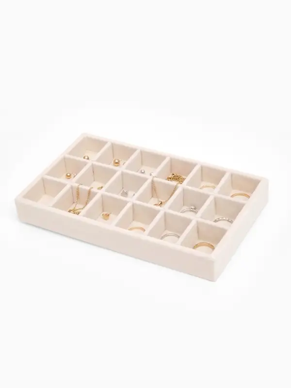 Подставка для украшений QF, 18 ячеек, флок, 21&times;12.3&times;2.5 см, бежевая