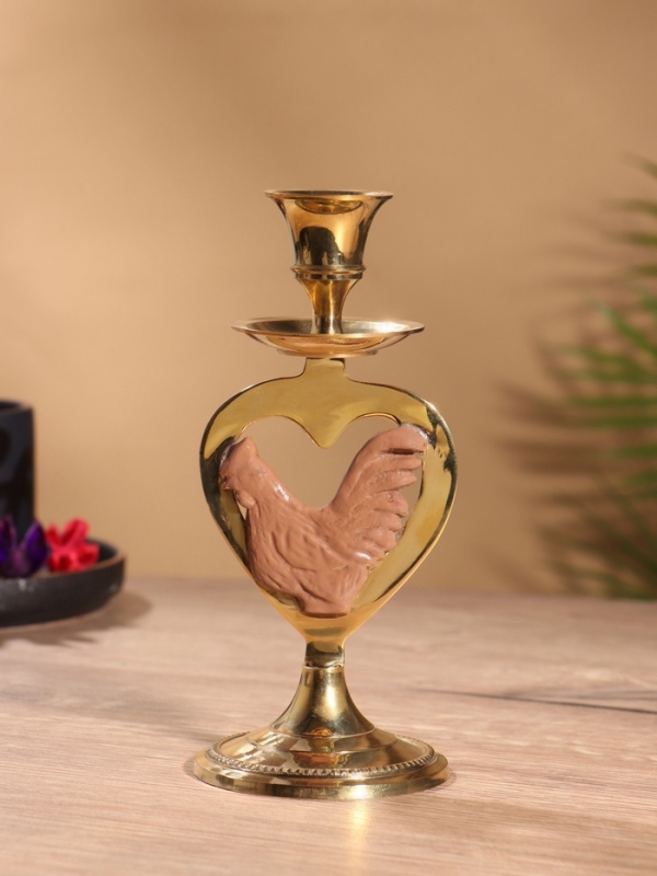 Подсвечник на 1 свечу "Петушок в сердце" латунь, коричневый с золотом 7х8х16,5 см