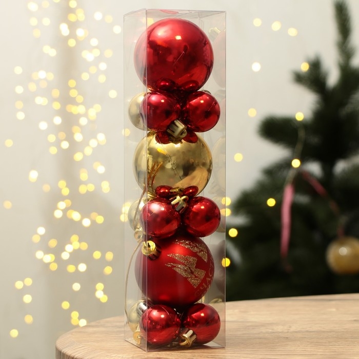 Шары ёлочные новогодние, на Новый год, d=3 и d=6, 15 шт., цвет красный и золотой