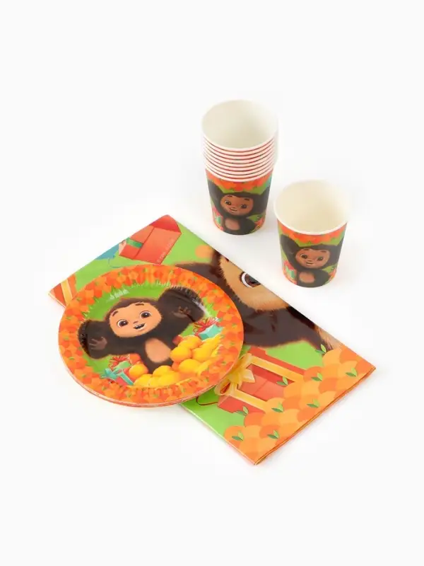 Посуда одноразовая бумажная для праздника, на 10 персон, стакан, тарелка, скатерть, Чебурашка
