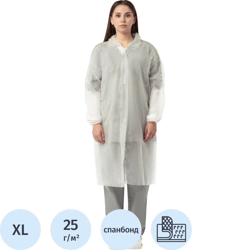Халат н/с процед, рук.рез, на липч, XL, дл.110см, пл 25, белый, 10шт/уп