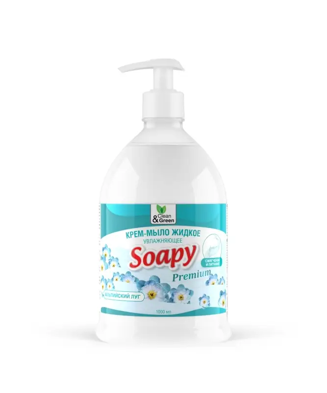 Крем-мыло жидкое "Soapy" Premium "альпийский луг" увлажн. с дозатором 1000 мл. Clean&Green CG8096