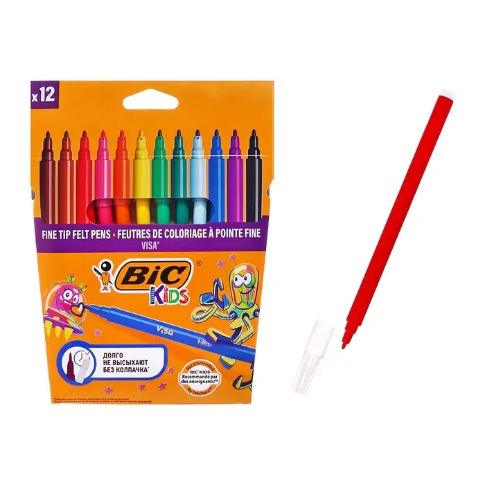 Фломастеры 12 цветов BIC Kids Visa, детские, смываемые, тонкое письмо Фломастеры 12 цветов BIC Kids Visa, детские, смываемые, тонкое письмо