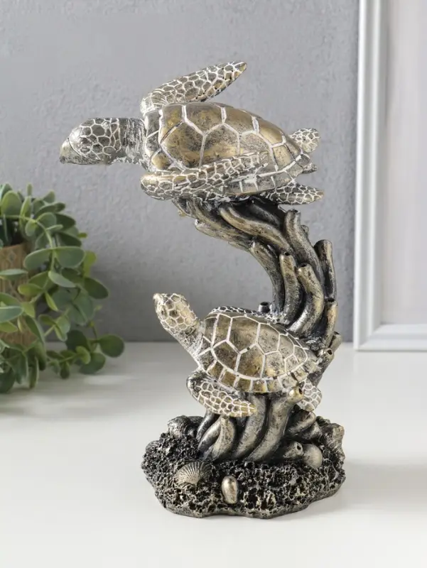 Сувенир полистоун "Морские черепахи в кораллах" бронза с белой патиной 14х12,5х21 см