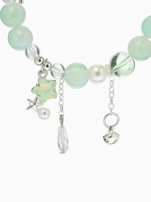 Браслет с подвесками "Сахарный" звёздочка, шар №10/8, цвет бело-светло-зелёный в серебре
