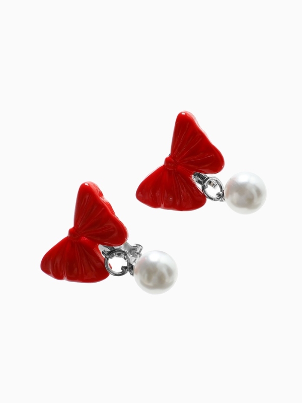 Серьги-клипсы детские  Серьги-клипсы детские "Выбражулька" бант с жемчужиной, цвет красно-белый