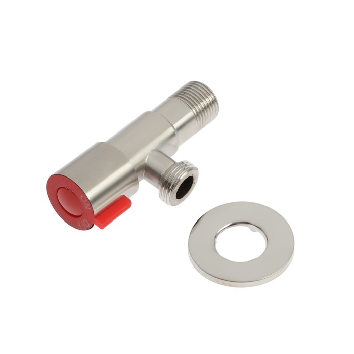 Кран угловой ZEIN engr, 1/2" х 1/2", кран-букса латунь/керамика, нерж. сталь, сатин/красный