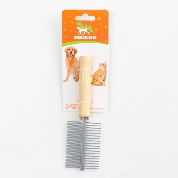 Расчёска для шерсти Wood, 17&times;5.5 см, двухсторонняя, с деревянной ручкой