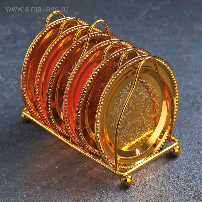 Набор блюдец &laquo;Золото&raquo;, d=10 см, 6 шт., на подставке, металл, золотистый