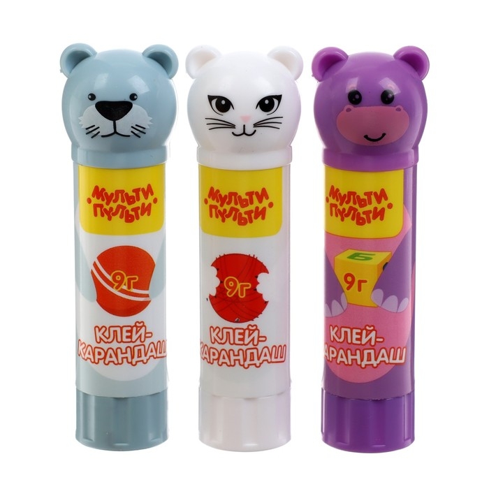 Клей-карандаш PVP 9г Мульти-Пульти Клей-карандаш PVP 9г Мульти-Пульти "Зверята: Морской котик, Бегемот, Кошка", колпачок в форме животного