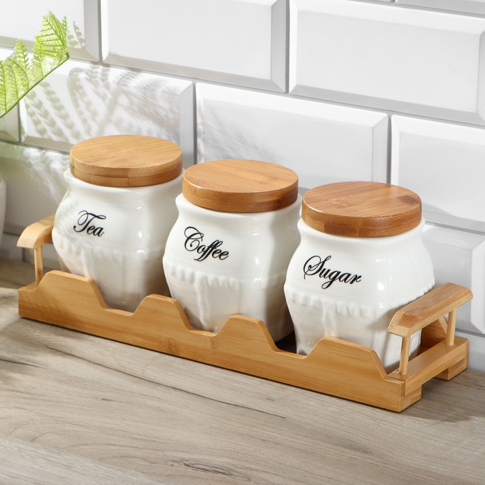 Банки для хранения сыпучих продуктов на деревянной подставке «Эстет», 3 предмета: 650 мл, 11×13 см, керамические, цвет белый Банки для хранения сыпучих продуктов на деревянной подставке «Эстет», 3 предмета: 650 мл, 11×13 см, керамические, цвет белый