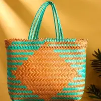 Сумка плетёная, 30×15×35 см, пластик, бирюзовый-жёлтая Сумка плетёная, 30×15×35 см, пластик, бирюзовый-жёлтая