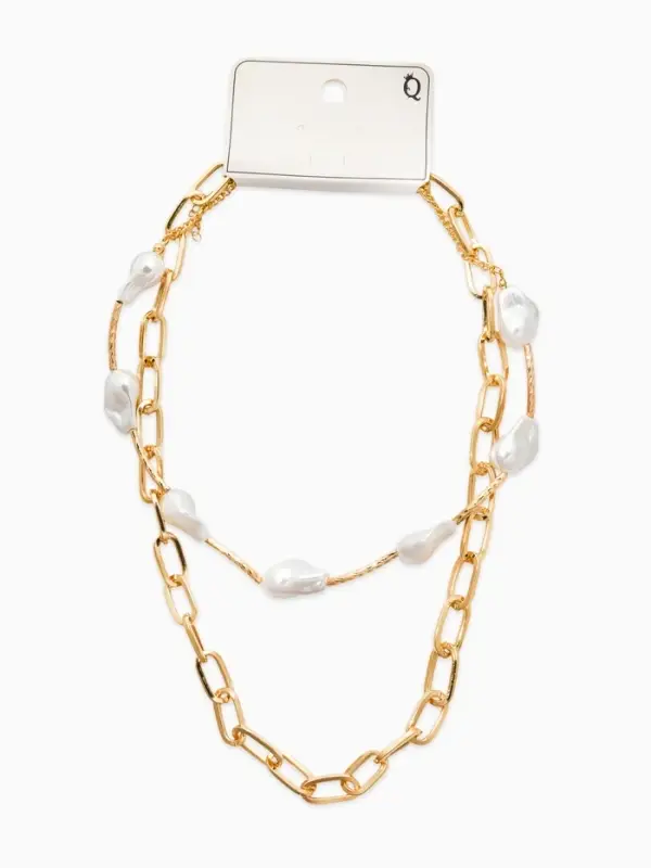 Колье "Жемчуг" борокко, цепь, 2 яруса, цвет белый в золоте