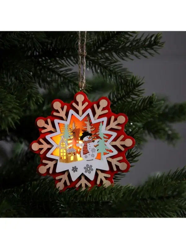 Ёлочная игрушка &laquo;Снежинка со снеговиком&raquo;, 10&times;10 см, 1 LED, от батареек, свечение тёплое белое