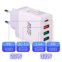 USB сетевое зарядное устройство AVS 4 порта UT-732  (QC 3.0, PD Type C, 3A )