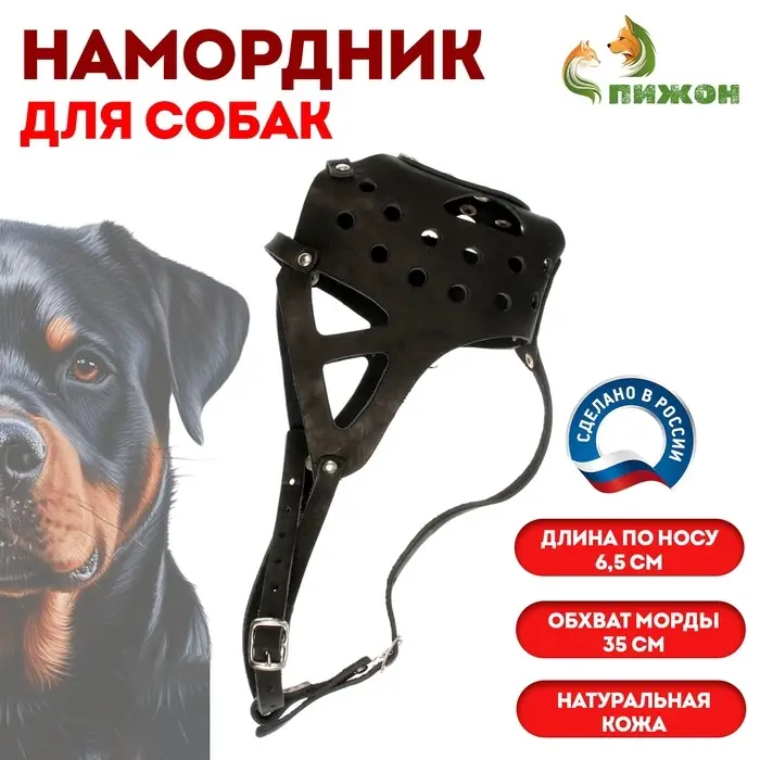Намордник кожаный, цельнокроенный, длина по носу 6.5 см, ОМ 35 см, ротвейлер, чёрный