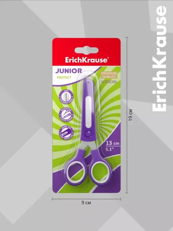 Ножницы детские ErichKrause Junior Protect, 13 см, с пластиковым чехлом и именным стикером, в блистере, МИКС