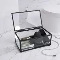 Стеклянная шкатулка для украшений с крышкой, зеркальным основанием, 14.5&times;8.5 см, прозрачная, чёрный каркас