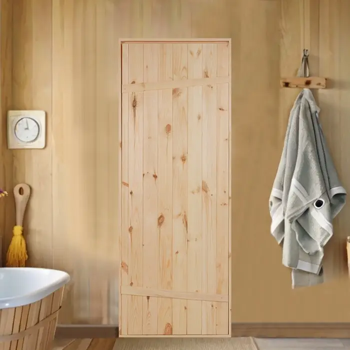 Дверной блок для бани, 180×70см, из сосны, на клиньях, массив Дверной блок для бани, 180×70см, из сосны, на клиньях, массив