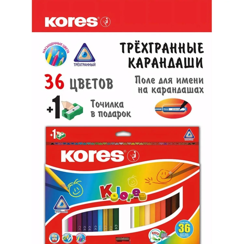 Карандаши цветные 36цв 3-гран,точилка Kores 93336.01