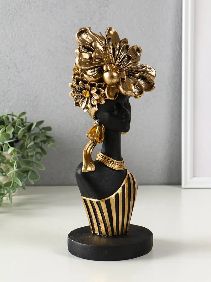 Бюст полистоун "Девушка с золотым цветком, в полосатом наряде" чёрный 12,3х11,5х31,5 см Бюст полистоун "Девушка с золотым цветком, в полосатом наряде" чёрный 12,3х11,5х31,5 см