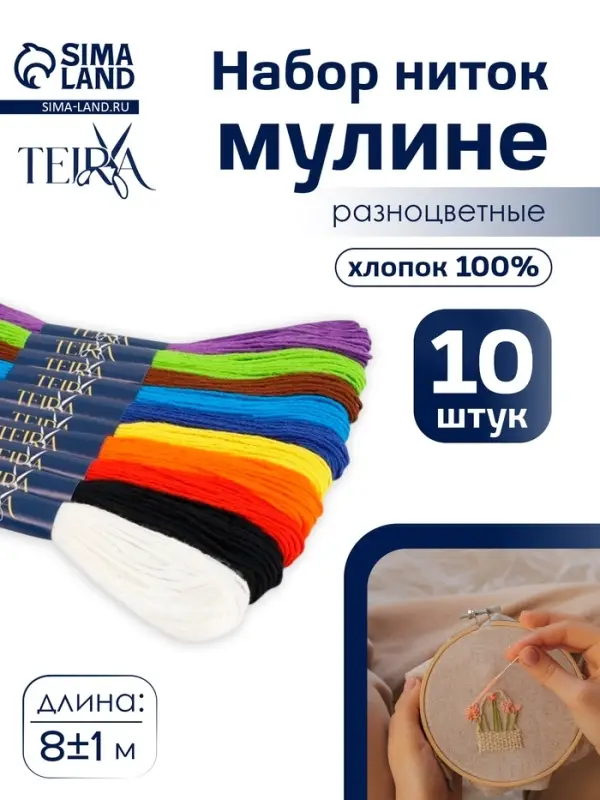 Нитки мулине &laquo;Школьные&raquo;, хлопок, 8&plusmn;1 м, 10 шт., разноцветные