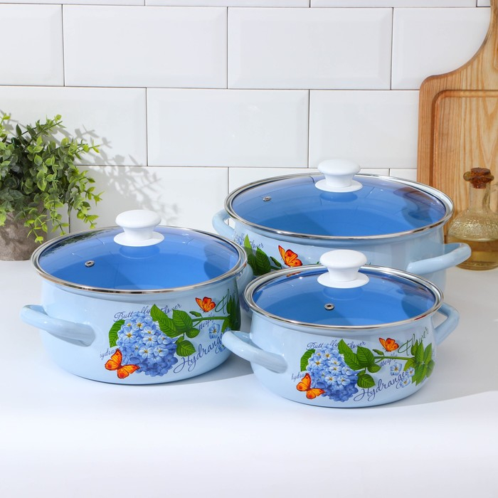 Набор эмалированных кастрюль «Гортензия», 3 предмета: 2 л, 3 л, 4 л, индукция Набор эмалированных кастрюль «Гортензия», 3 предмета: 2 л, 3 л, 4 л, индукция