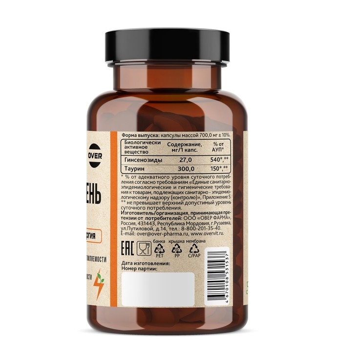 Женьшень OVERvit с таурином, 60 капсул Женьшень OVERvit с таурином, 60 капсул